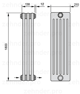 Схема (чертеж) Радиатор Zehnder Charleston 6180/3 №2670 Белый глянцевый RAL 9016